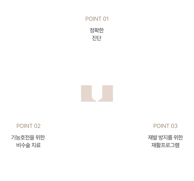 point1 정확한 진단/point2 불편함 개선을 위한 비수술 치료/point3 재발 방지를 위한 재활프로그램